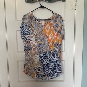 Chico's Mixed Pattern Short Sleeve Top in Blue and Orange Size 1 (US 8)